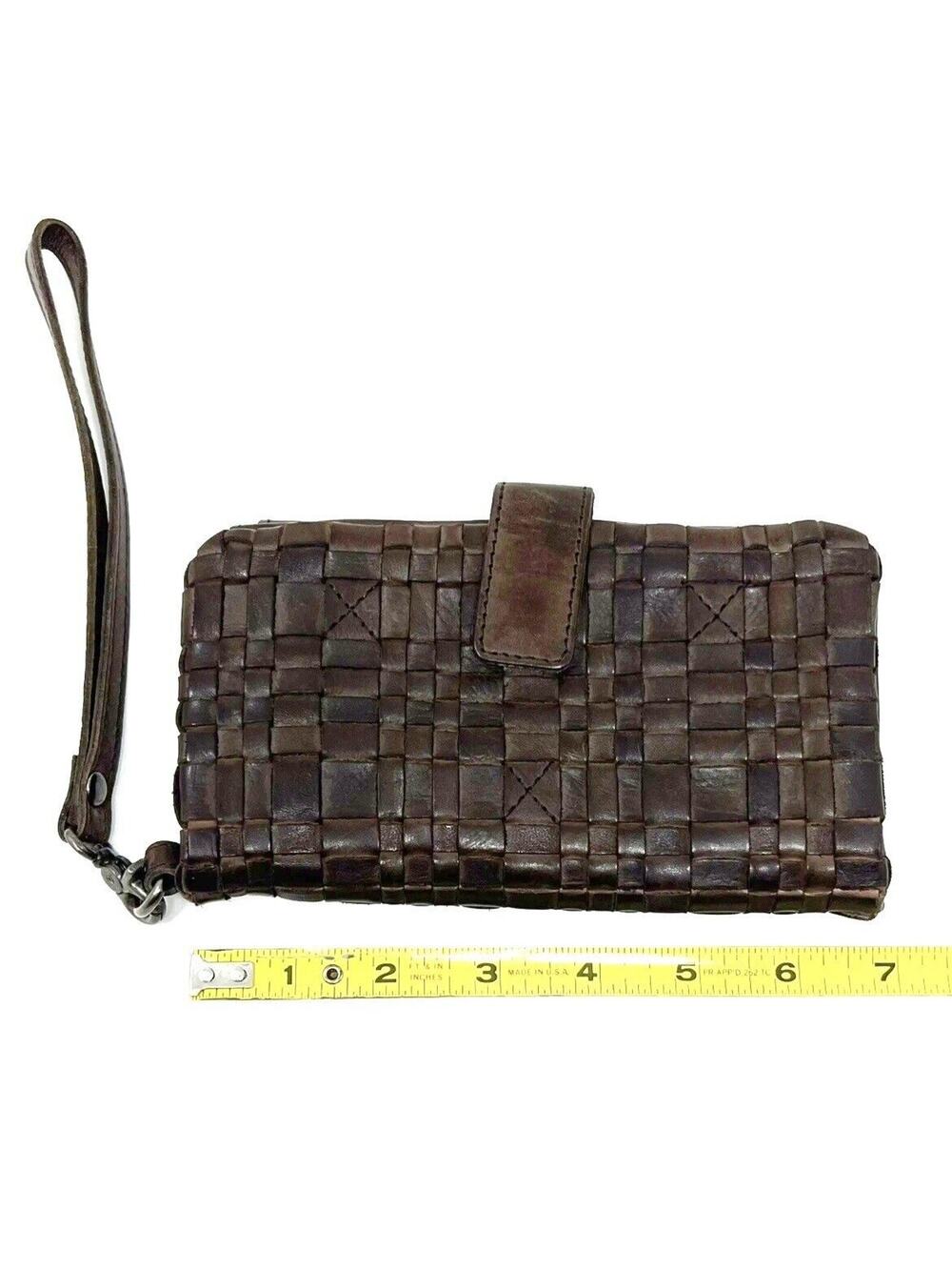 Vilenca Holland Woven Leather Wallet Wristlet Clutch Removable Strap Dark Brown